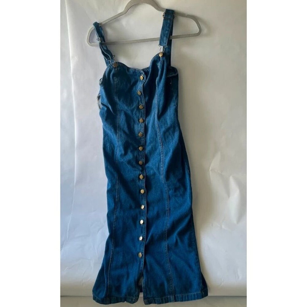 Vintage Denim Pinafore Dress Button Front Midi Size M Neutral Zone